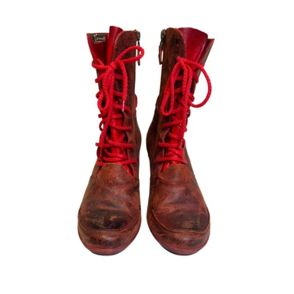 Distressed Red Leather Lace-Up Boot - Picture 3 of 11